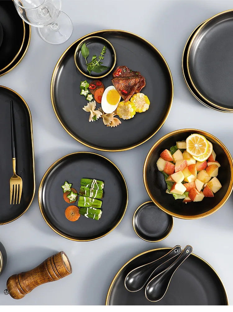 Gilt Rim Black Porcelain Dinner Plates