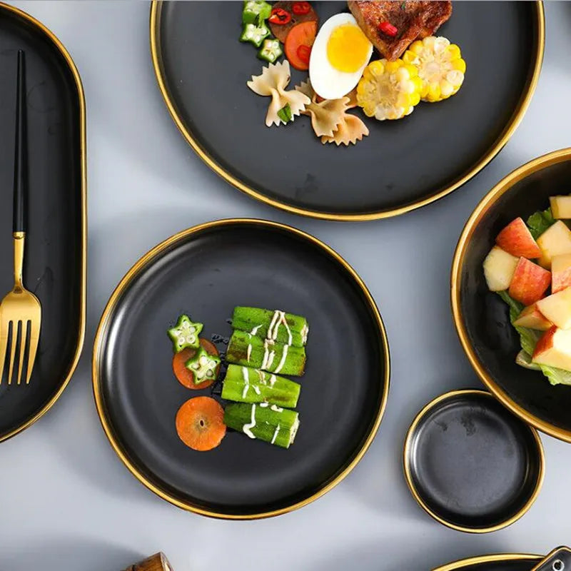 Gilt Rim Black Porcelain Dinner Plates