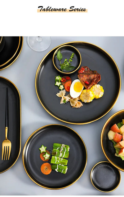 Gilt Rim Black Porcelain Dinner Plates