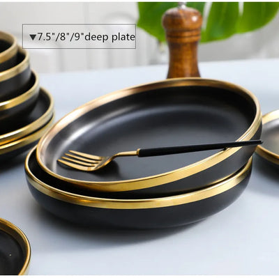 Gilt Rim Black Porcelain Dinner Plates