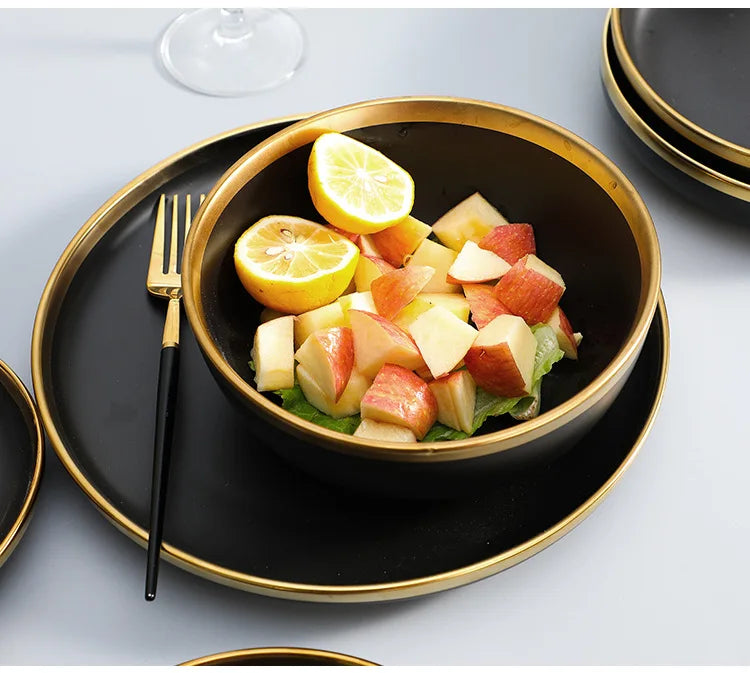 Gilt Rim Black Porcelain Dinner Plates