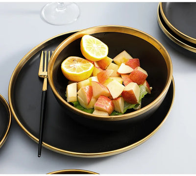 Gilt Rim Black Porcelain Dinner Plates