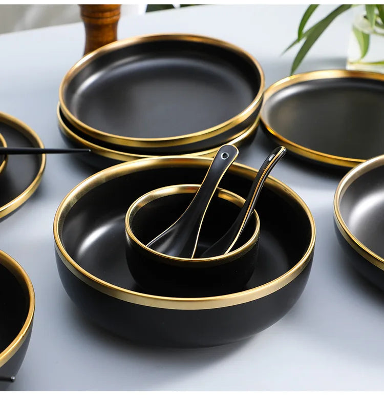 Gilt Rim Black Porcelain Dinner Plates