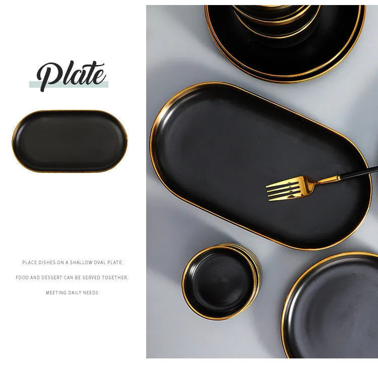 Gilt Rim Black Porcelain Dinner Plates