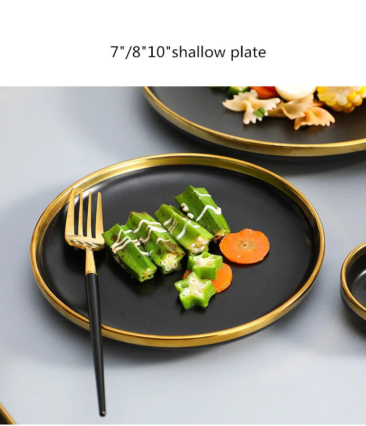 Gilt Rim Black Porcelain Dinner Plates