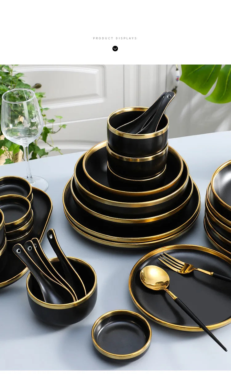 Gilt Rim Black Porcelain Dinner Plates