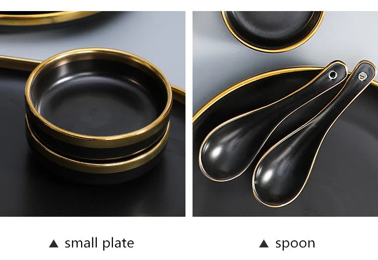 Gilt Rim Black Porcelain Dinner Plates