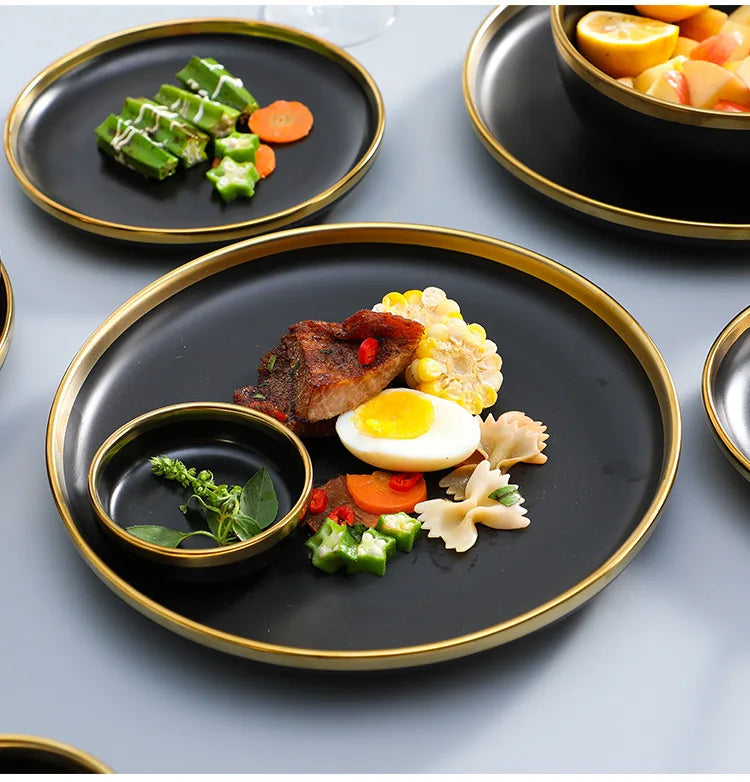 Gilt Rim Black Porcelain Dinner Plates