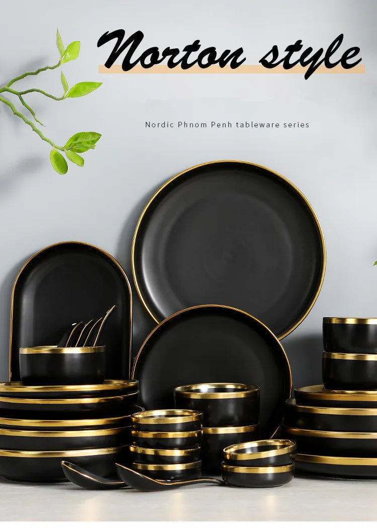 Gilt Rim Black Porcelain Dinner Plates