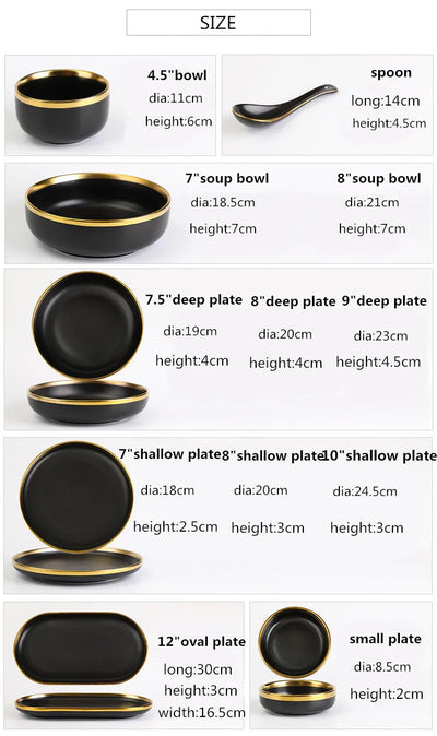 Gilt Rim Black Porcelain Dinner Plates