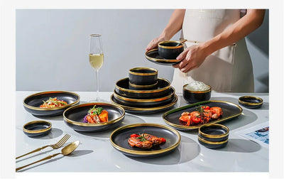 Gilt Rim Black Porcelain Dinner Plates