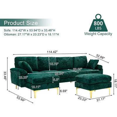 Modern Velvet Couch Set with Chaise Lounge