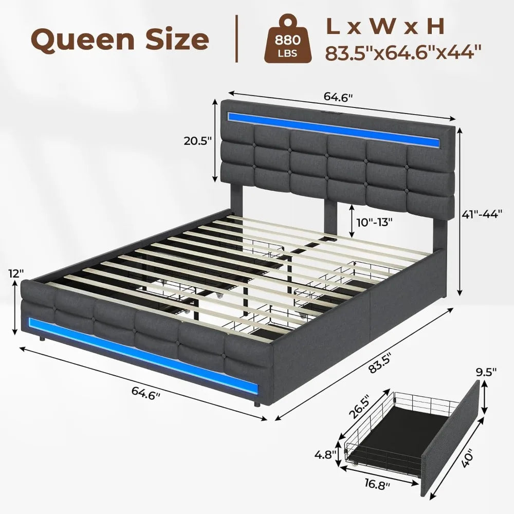 LED Bed Frame (4 Drawers and 2 USB Charging Station)