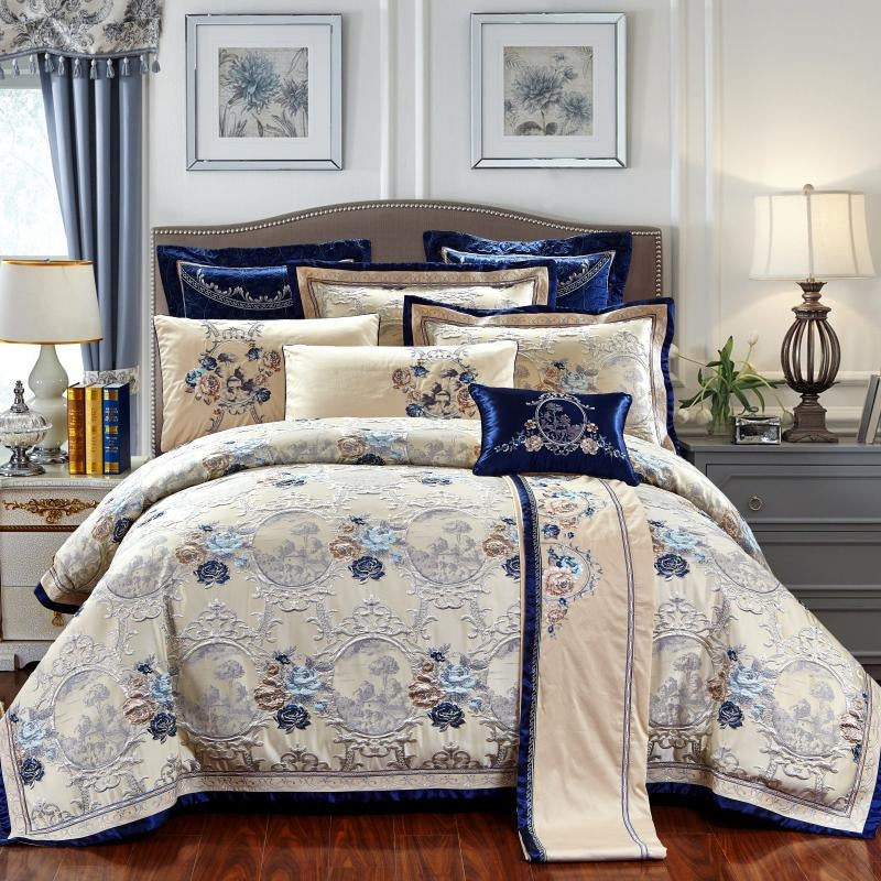 Majestic Sapphire Bedding Set (Embroidered Jacquard Cotton)